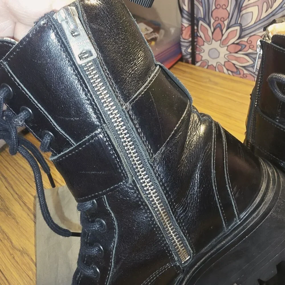 ALLSAINTS Sz 7 ONYX Black Combat Lace Up Zipper Buckle Lug Sole Moto Biker Boots - Picture 10 of 16